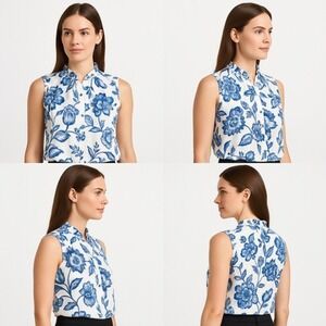 EllenTracy Blouse Womens Size Large Blue WhiteButtonupSleevelessRuffleFloralChic